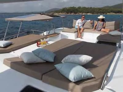 Deck of Bicos, a Fountaine Pajot Saba 50 catamaran at Fethiye, Turkey