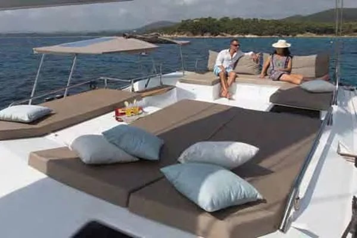 Deck of Bicos, a Fountaine Pajot Saba 50 catamaran at Fethiye, Turkey