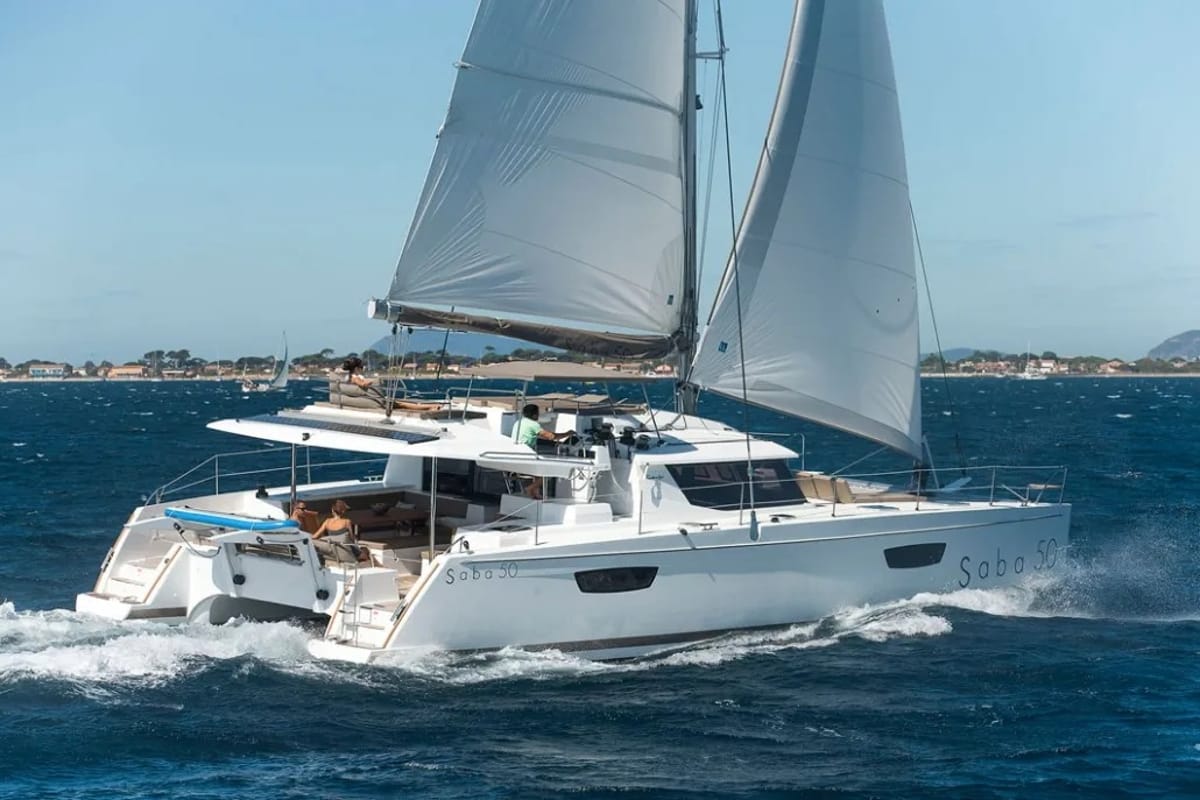 Exterior view of Bicos, a Fountaine Pajot Saba 50 catamaran at Fethiye, Turkey