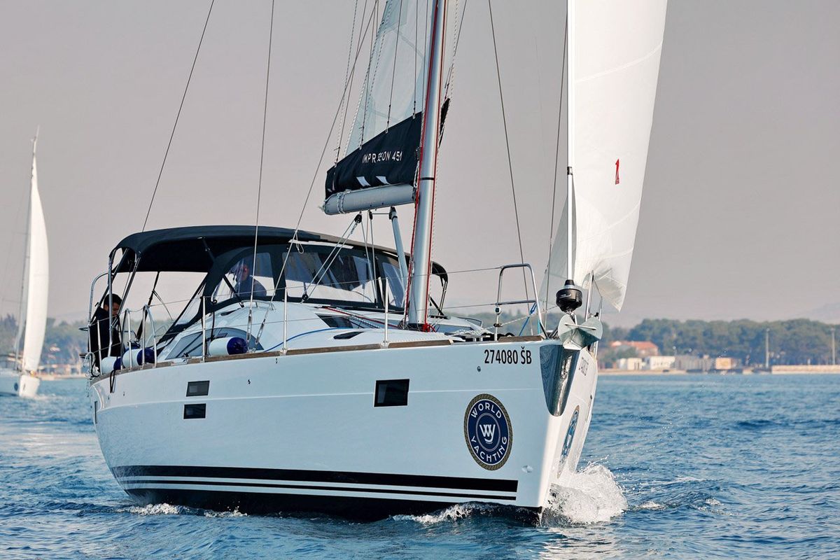 Exterior view of Luna, a Elan Impression 45.1 sailboat at Grad Šibenik, Croatia
