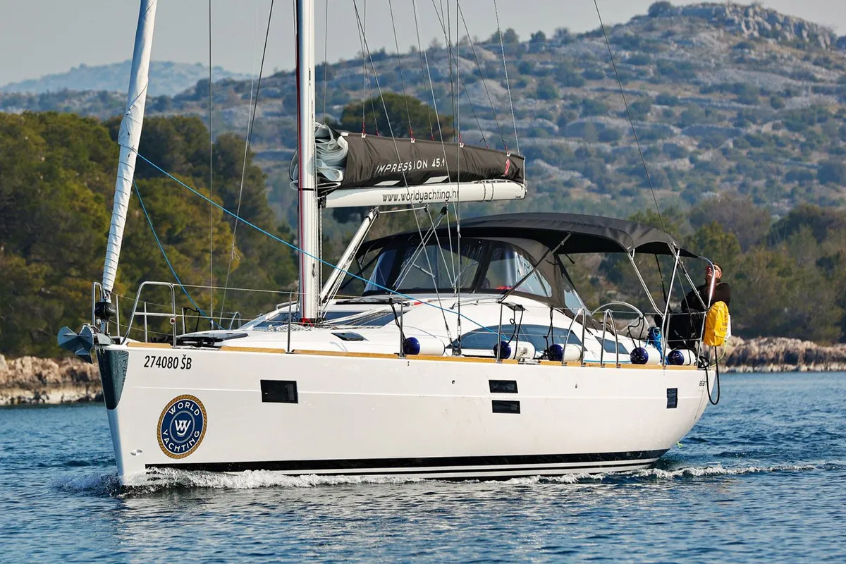 Exterior view of Luna, a Elan Impression 45.1 sailboat at Grad Šibenik, Croatia
