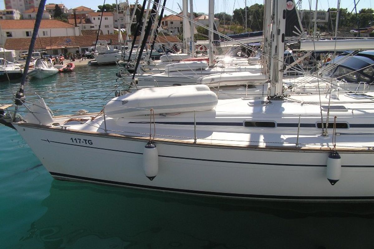 Exterior view of Kokica, a Bavaria 49 sailboat at Grad Trogir, Croatia
