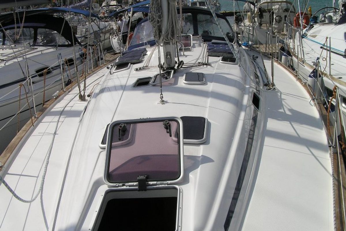 Deck of Kokica, a Bavaria 49 sailboat at Grad Trogir, Croatia