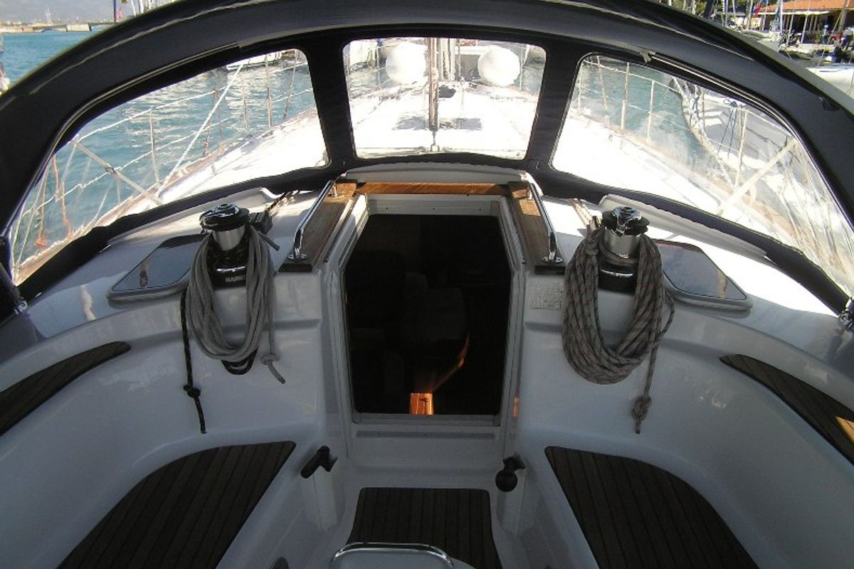Deck of Kokica, a Bavaria 49 sailboat at Grad Trogir, Croatia