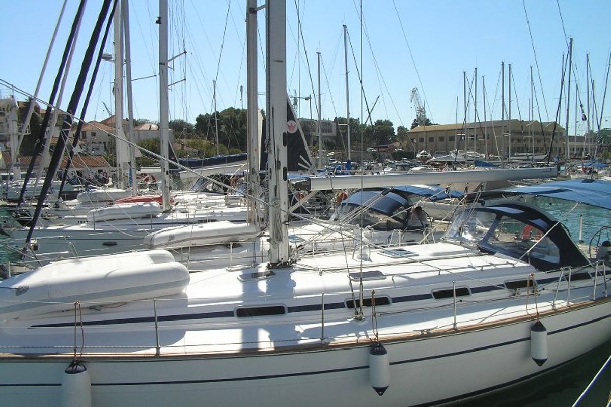 Exterior view of Kokica, a Bavaria 49 sailboat at Grad Trogir, Croatia