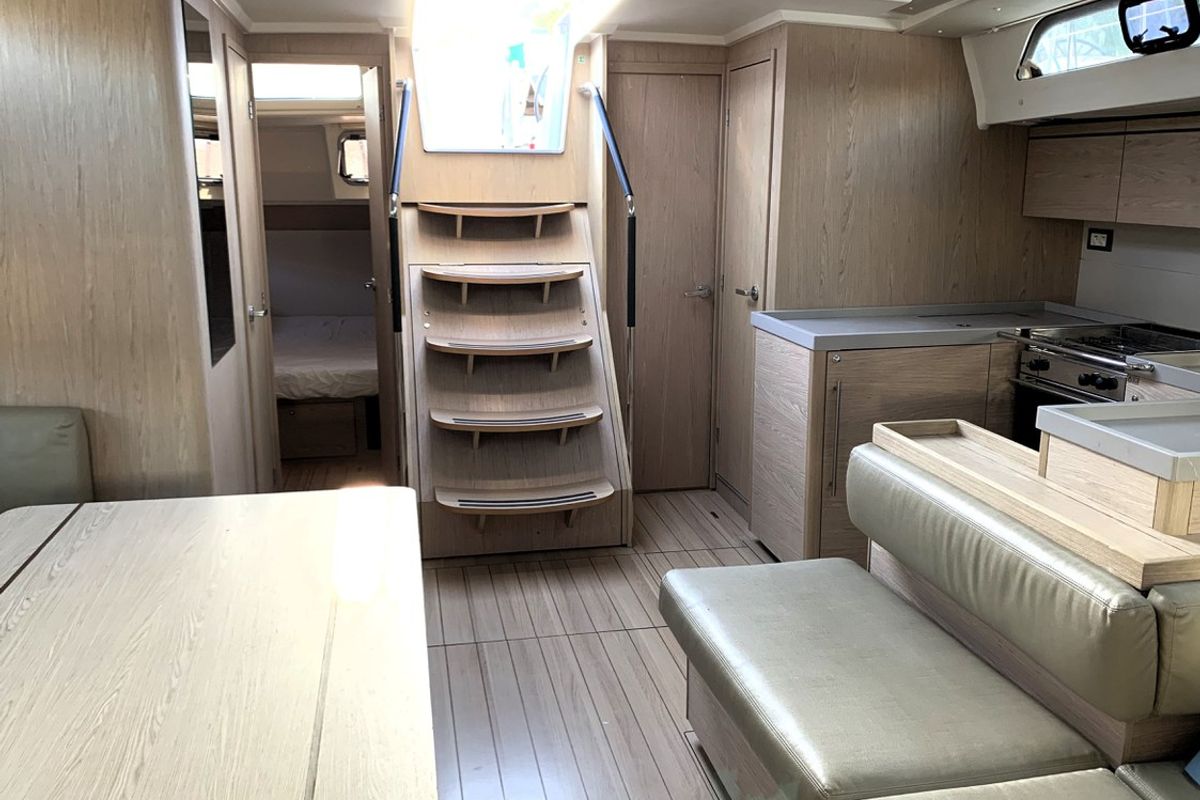 Salon of Avocado, a Beneteau Oceanis 51.1 sailboat at Cala Egos, Spain
