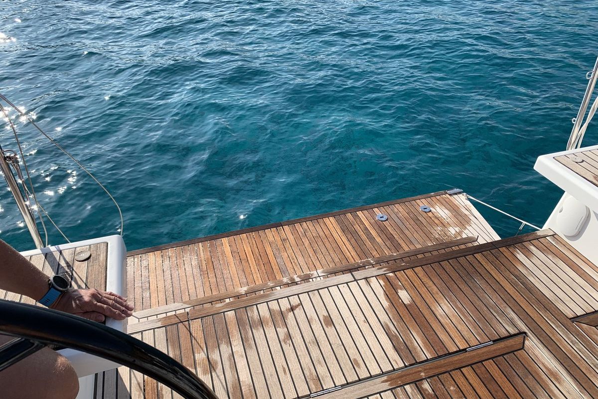 Deck of Avocado, a Beneteau Oceanis 51.1 sailboat at Cala Egos, Spain