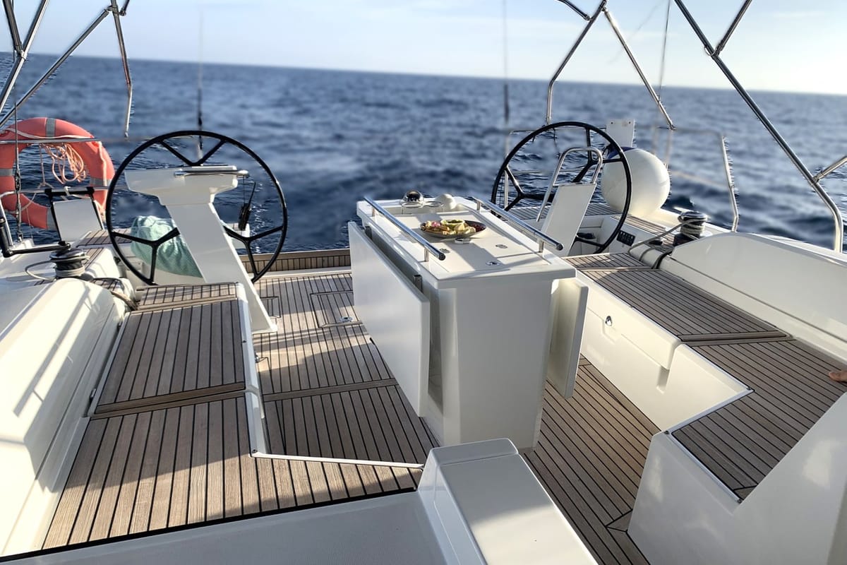 Cockpit of Avocado, a Beneteau Oceanis 51.1 sailboat at Cala Egos, Spain
