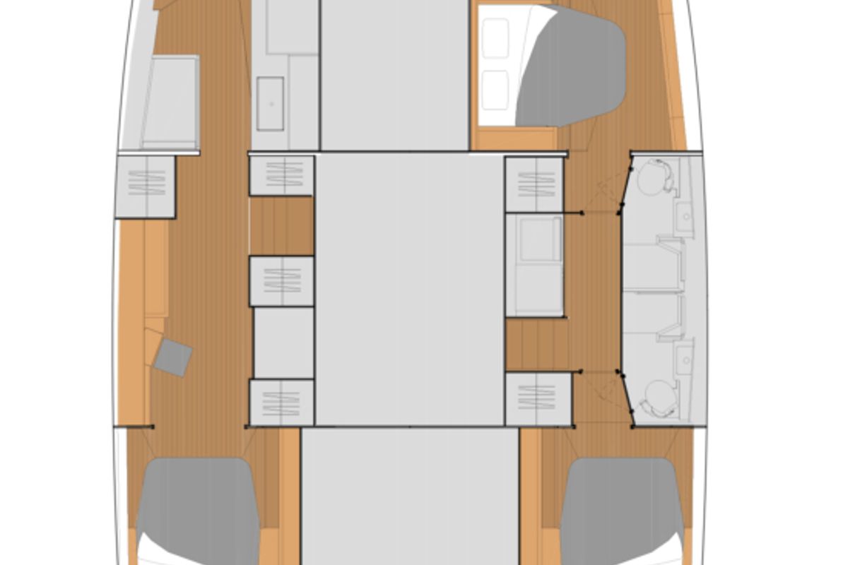 Floor plan of Ramble On, a Fountaine Pajot Tanna 47 Maestro catamaran at Central Abaco, Bahamas