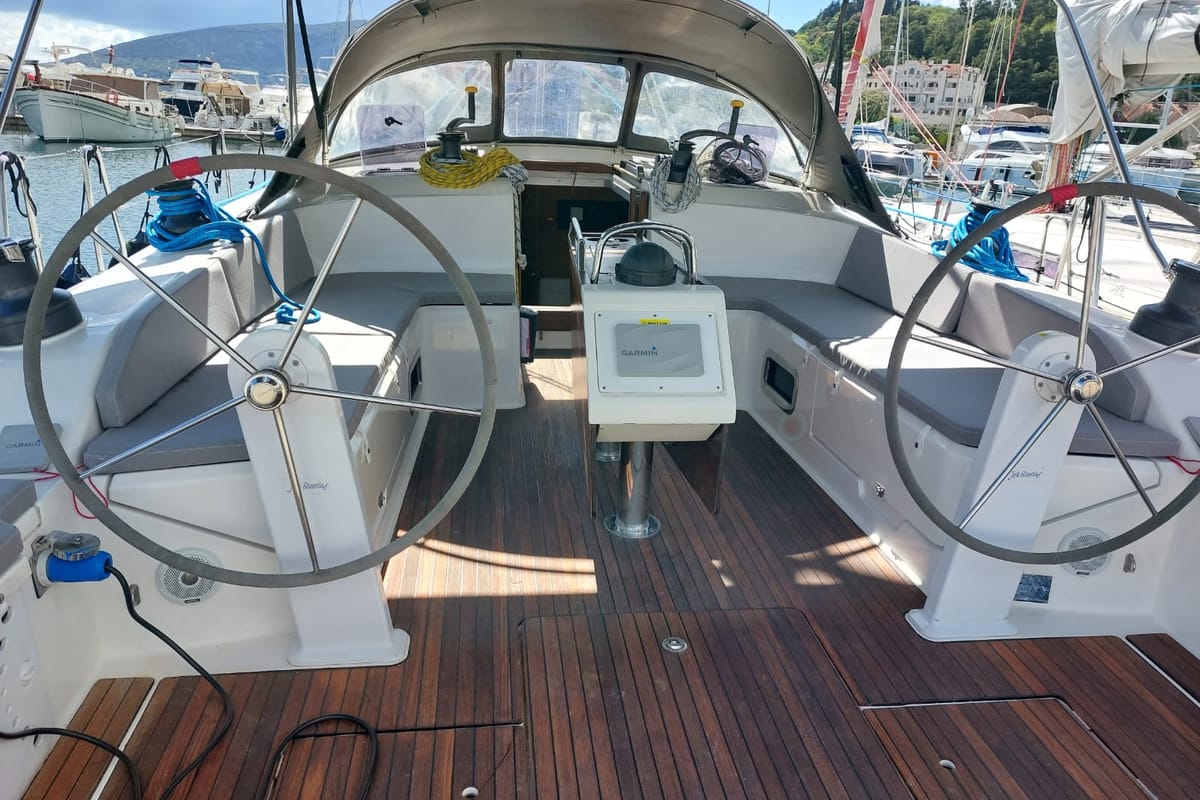 Cockpit of Vera, a Bavaria 51 Cruiser sailboat at Herceg Novi, Montenegro