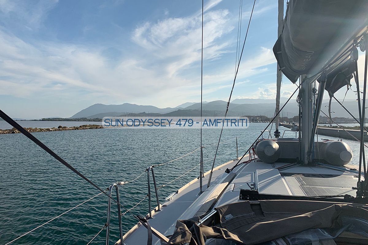 Deck of Amfitriti, a Jeanneau Sun Odyssey 479 sailboat at Kontokali, Greece