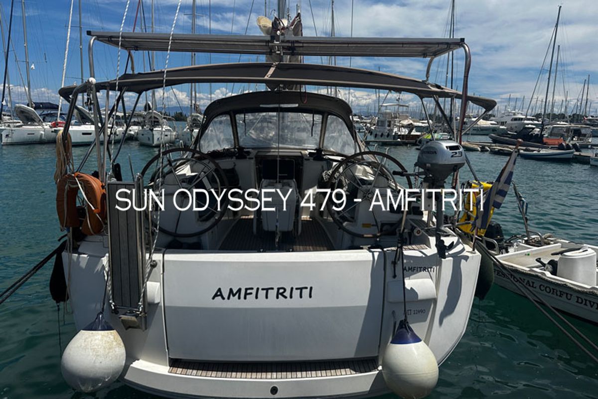 Cockpit of Amfitriti, a Jeanneau Sun Odyssey 479 sailboat at Kontokali, Greece