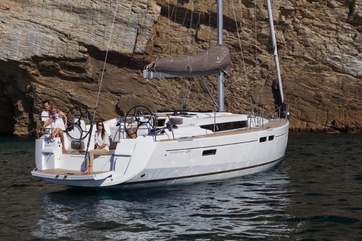 Exterior view of Amfitriti, a Jeanneau Sun Odyssey 479 sailboat at Kontokali, Greece