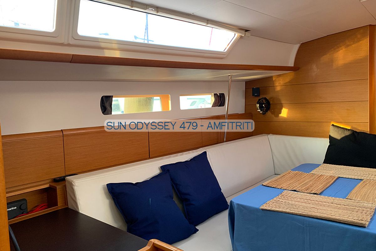 Salon of Amfitriti, a Jeanneau Sun Odyssey 479 sailboat at Kontokali, Greece
