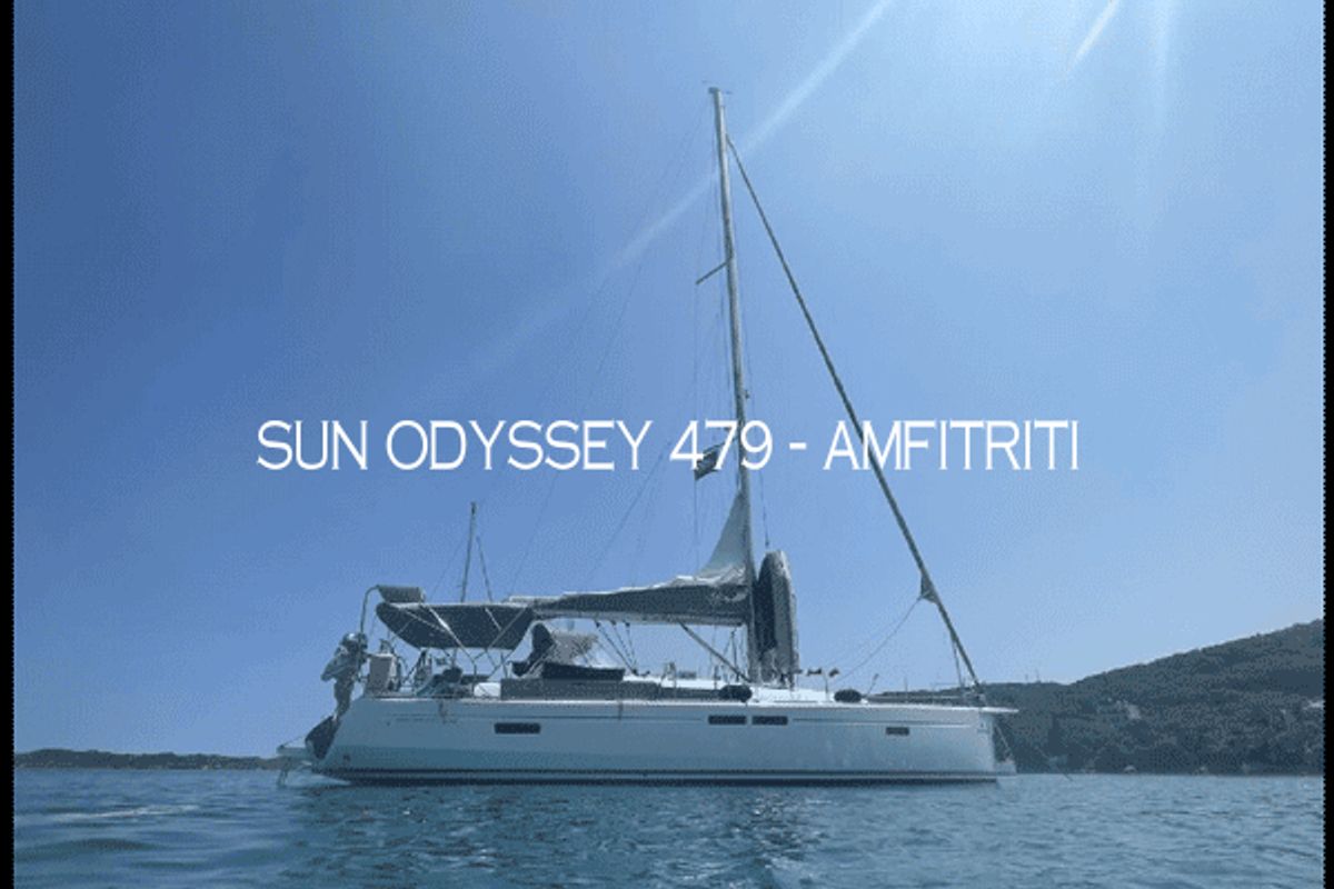 Exterior view of Amfitriti, a Jeanneau Sun Odyssey 479 sailboat at Kontokali, Greece