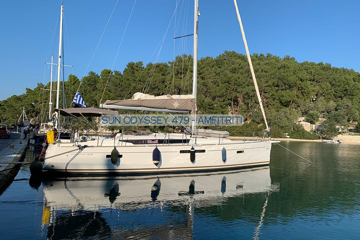 Exterior view of Amfitriti, a Jeanneau Sun Odyssey 479 sailboat at Kontokali, Greece