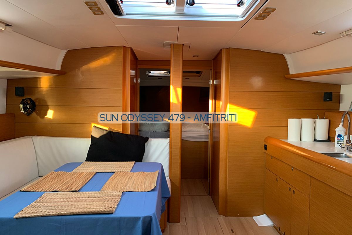 Salon of Amfitriti, a Jeanneau Sun Odyssey 479 sailboat at Kontokali, Greece