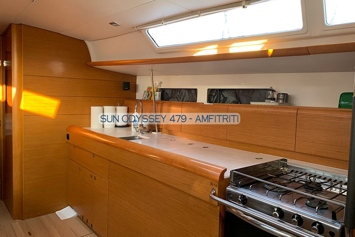 Galley of Amfitriti, a Jeanneau Sun Odyssey 479 sailboat at Kontokali, Greece