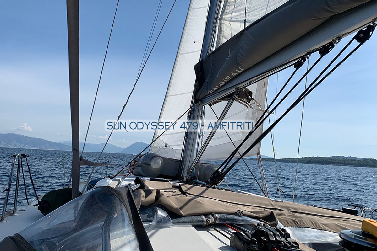 Deck of Amfitriti, a Jeanneau Sun Odyssey 479 sailboat at Kontokali, Greece