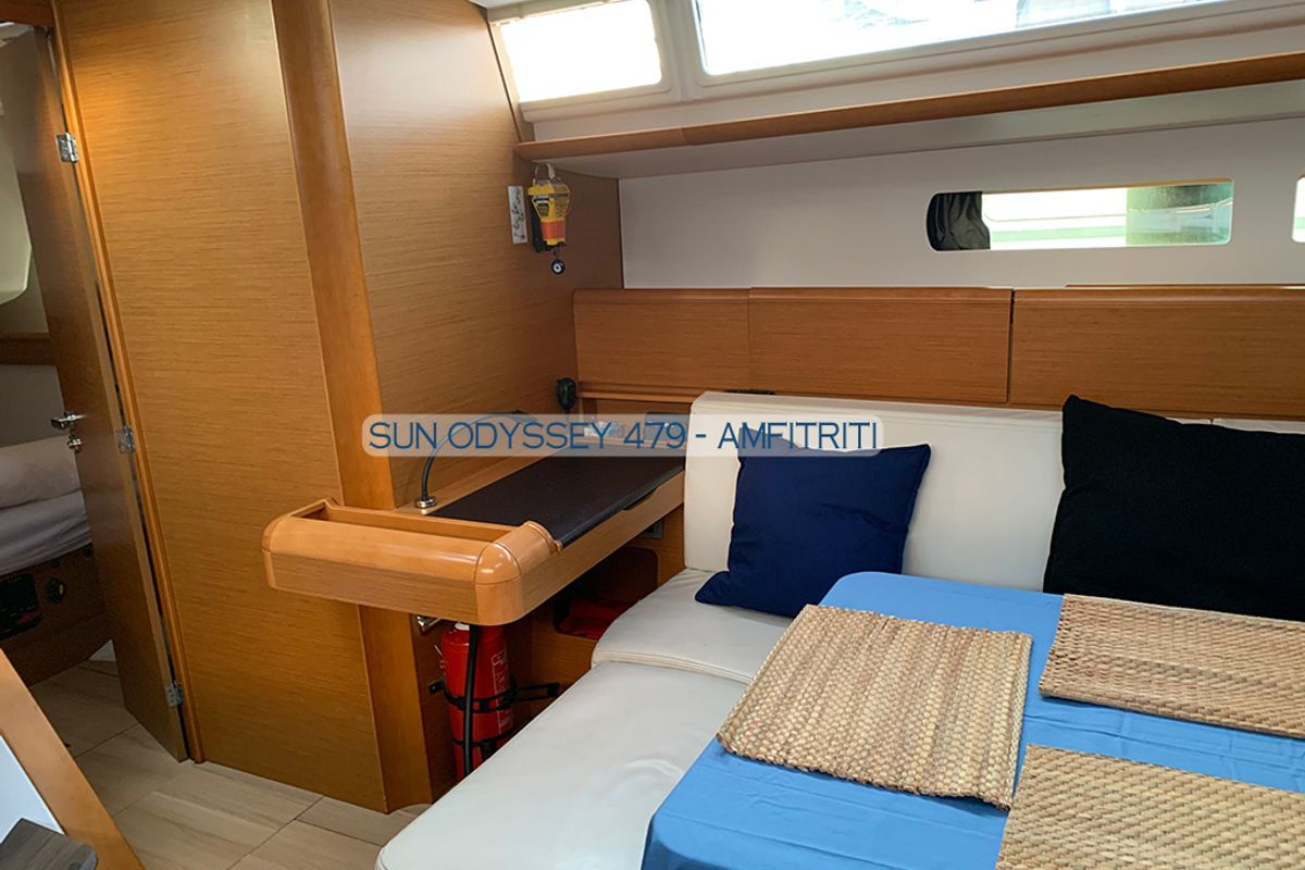 Salon of Amfitriti, a Jeanneau Sun Odyssey 479 sailboat at Kontokali, Greece