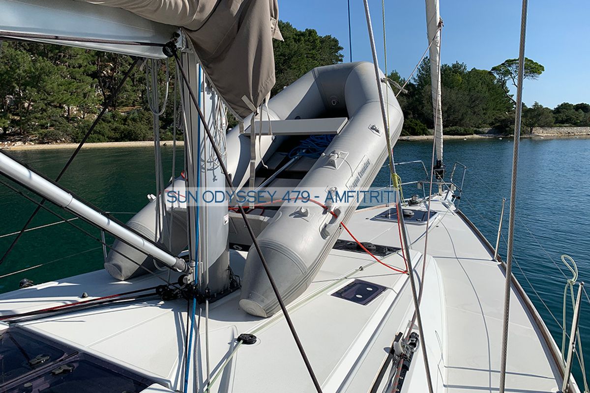 Deck of Amfitriti, a Jeanneau Sun Odyssey 479 sailboat at Kontokali, Greece