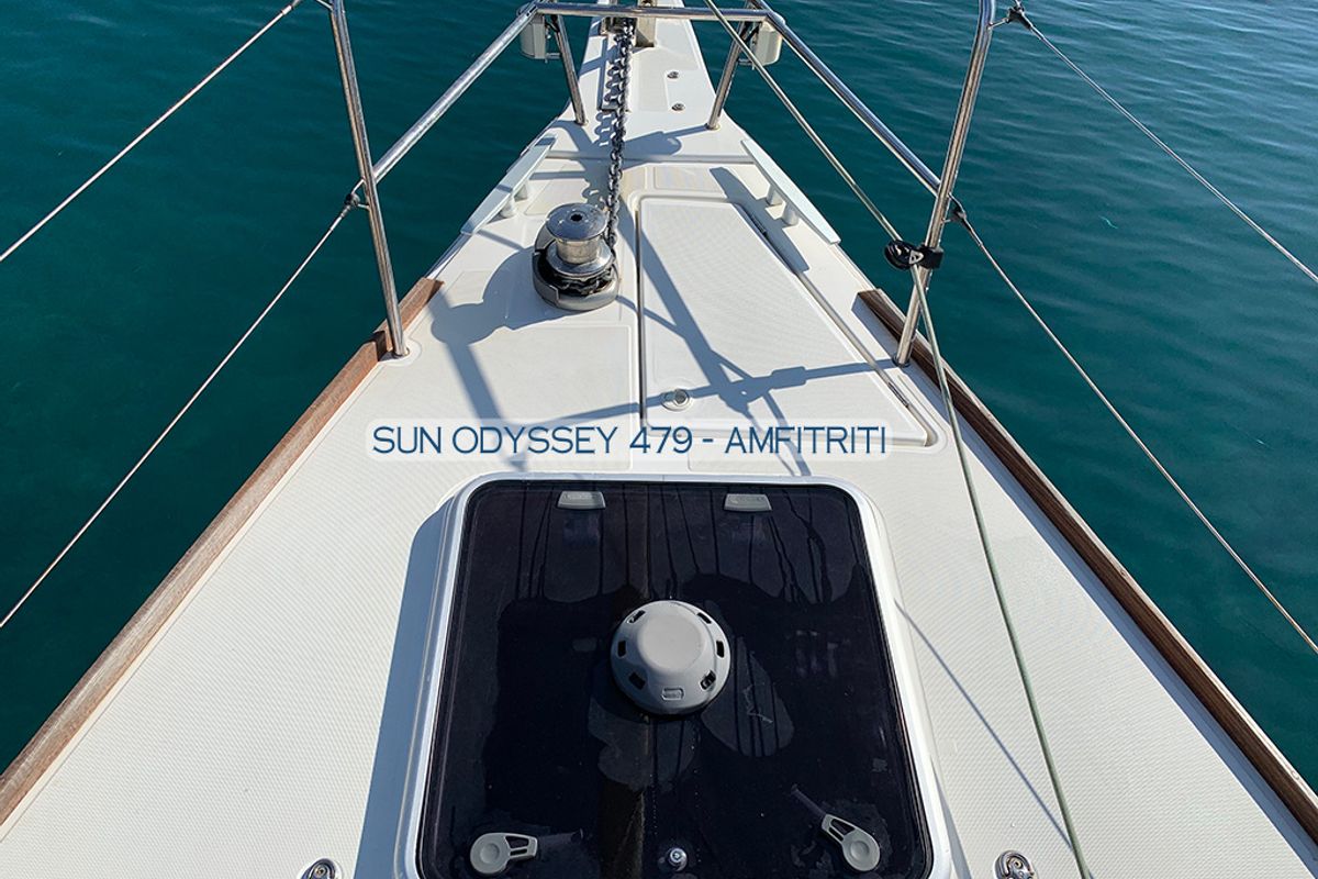 Deck of Amfitriti, a Jeanneau Sun Odyssey 479 sailboat at Kontokali, Greece