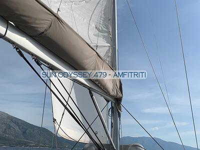 Deck of Amfitriti, a Jeanneau Sun Odyssey 479 sailboat at Kontokali, Greece