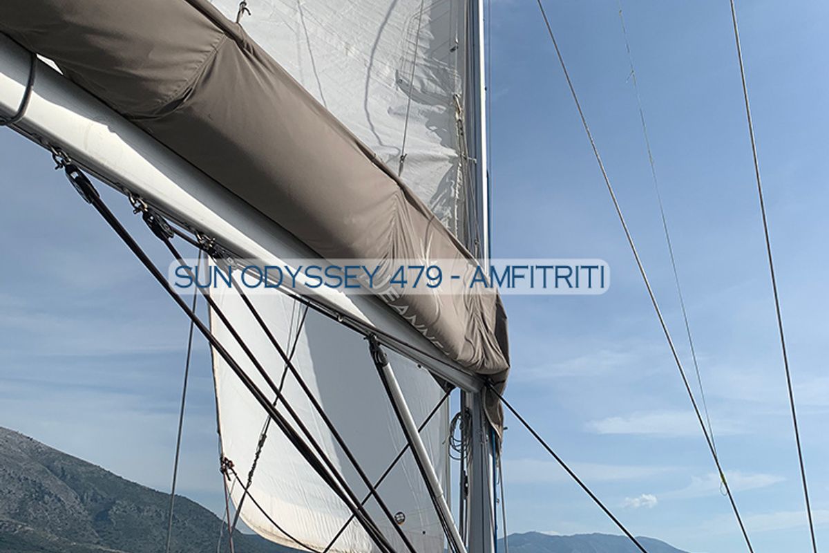 Deck of Amfitriti, a Jeanneau Sun Odyssey 479 sailboat at Kontokali, Greece