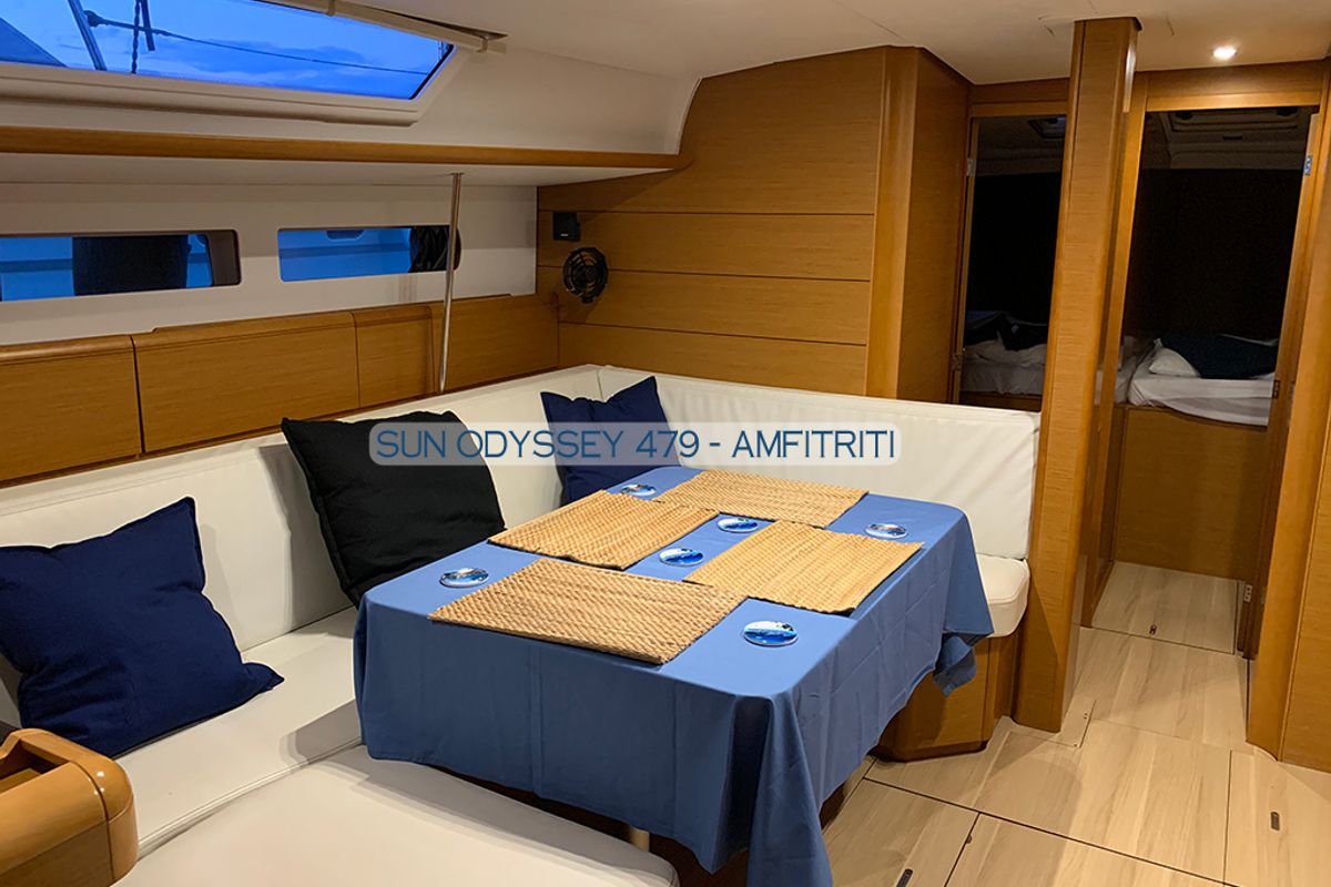 Salon of Amfitriti, a Jeanneau Sun Odyssey 479 sailboat at Kontokali, Greece