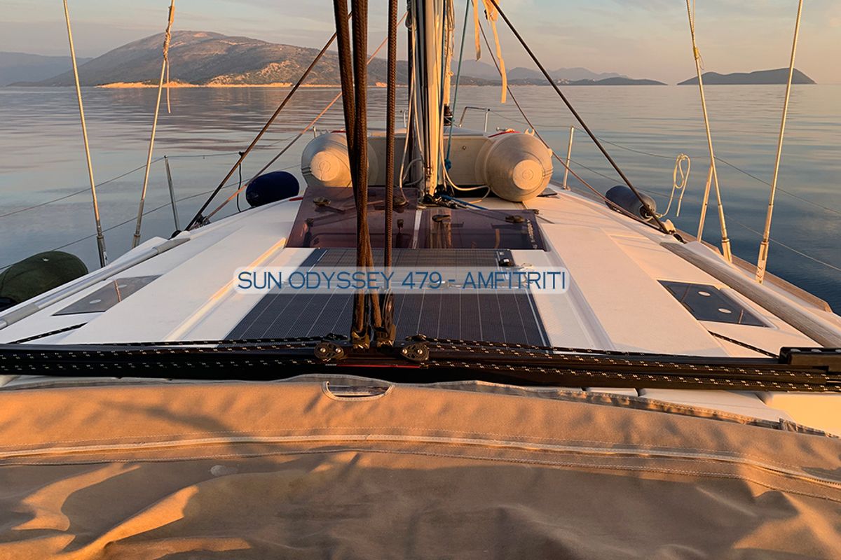 Deck of Amfitriti, a Jeanneau Sun Odyssey 479 sailboat at Kontokali, Greece