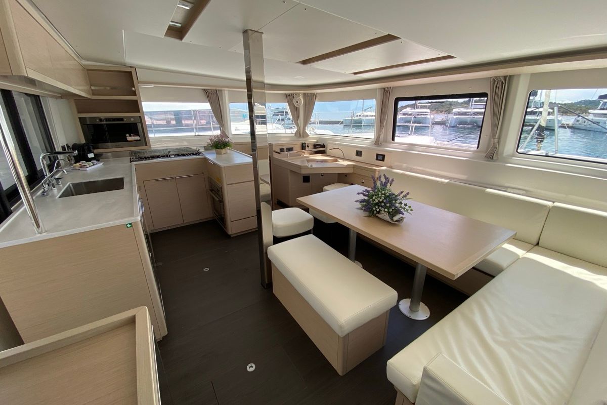Salon of Cresta Bianca, a Lagoon 46 catamaran at Olbia, Italy