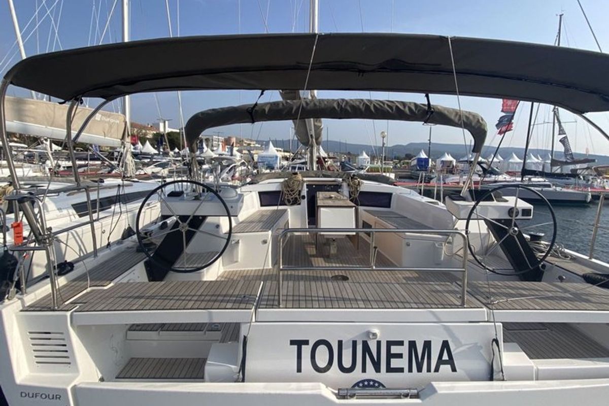 Cockpit of Tounema, a Dufour 470 sailboat at Marseille, France