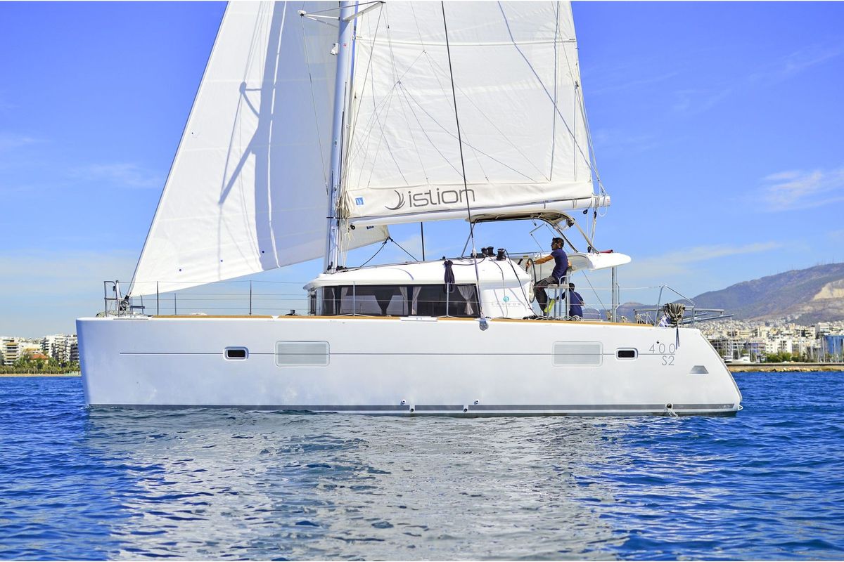 Exterior view of Vicky, a Lagoon 400 S2 catamaran at Municipal Unit of Lefkada, Greece