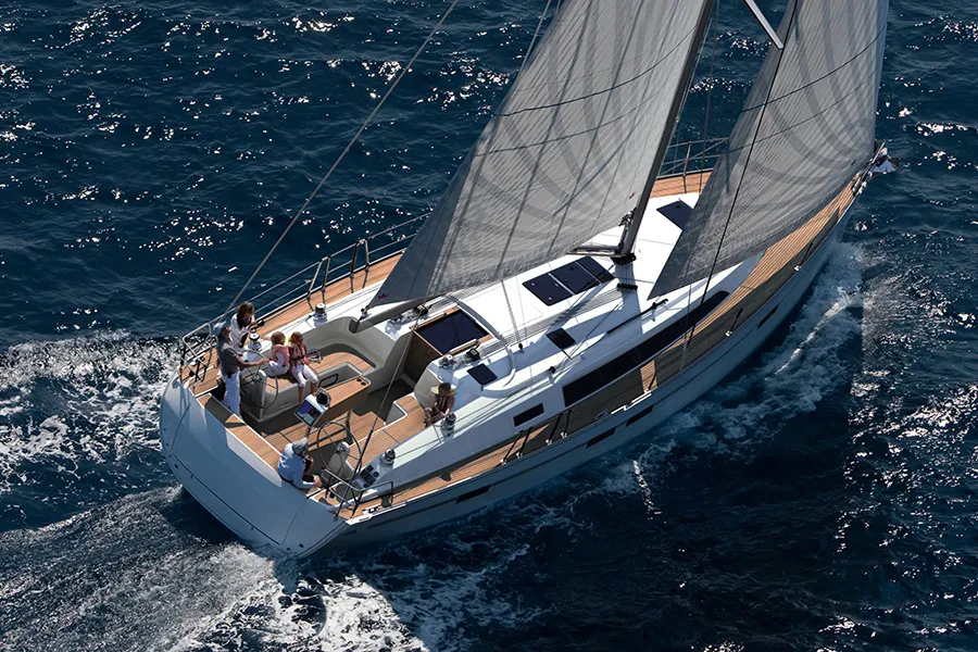 Exterior view of Dione, a Bavaria Cruiser 46 sailboat at Olbia, Italy