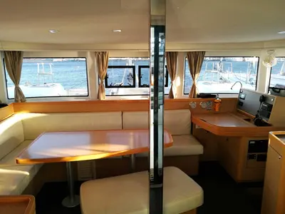 Salon of Fantasea, a Lagoon 42 catamaran at Lavreotiki Municipal Unit, Greece