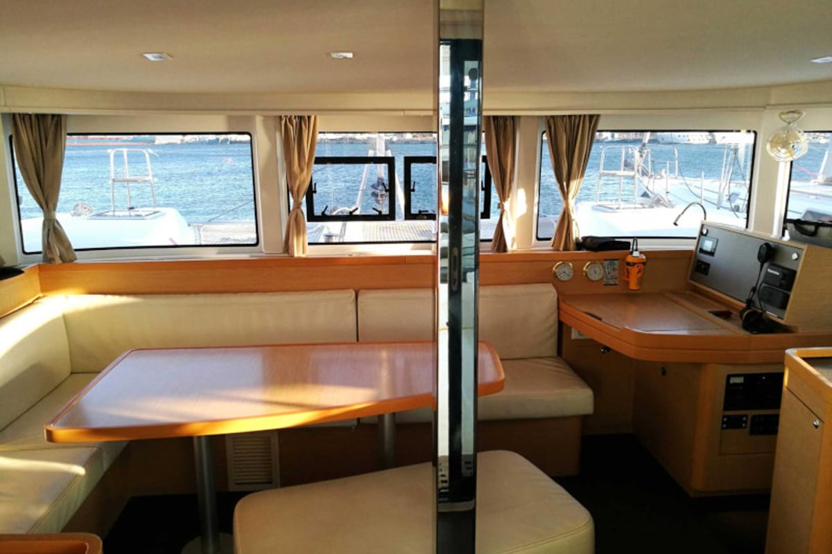 Salon of Fantasea, a Lagoon 42 catamaran at Lavreotiki Municipal Unit, Greece