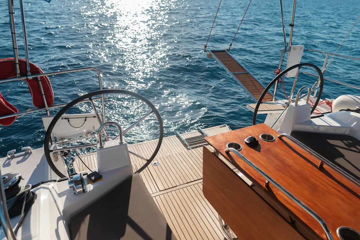 Cockpit of Kos 40.7, a Beneteau Oceanis 40.1 sailboat at Municipal Unit of Lefkada, Greece