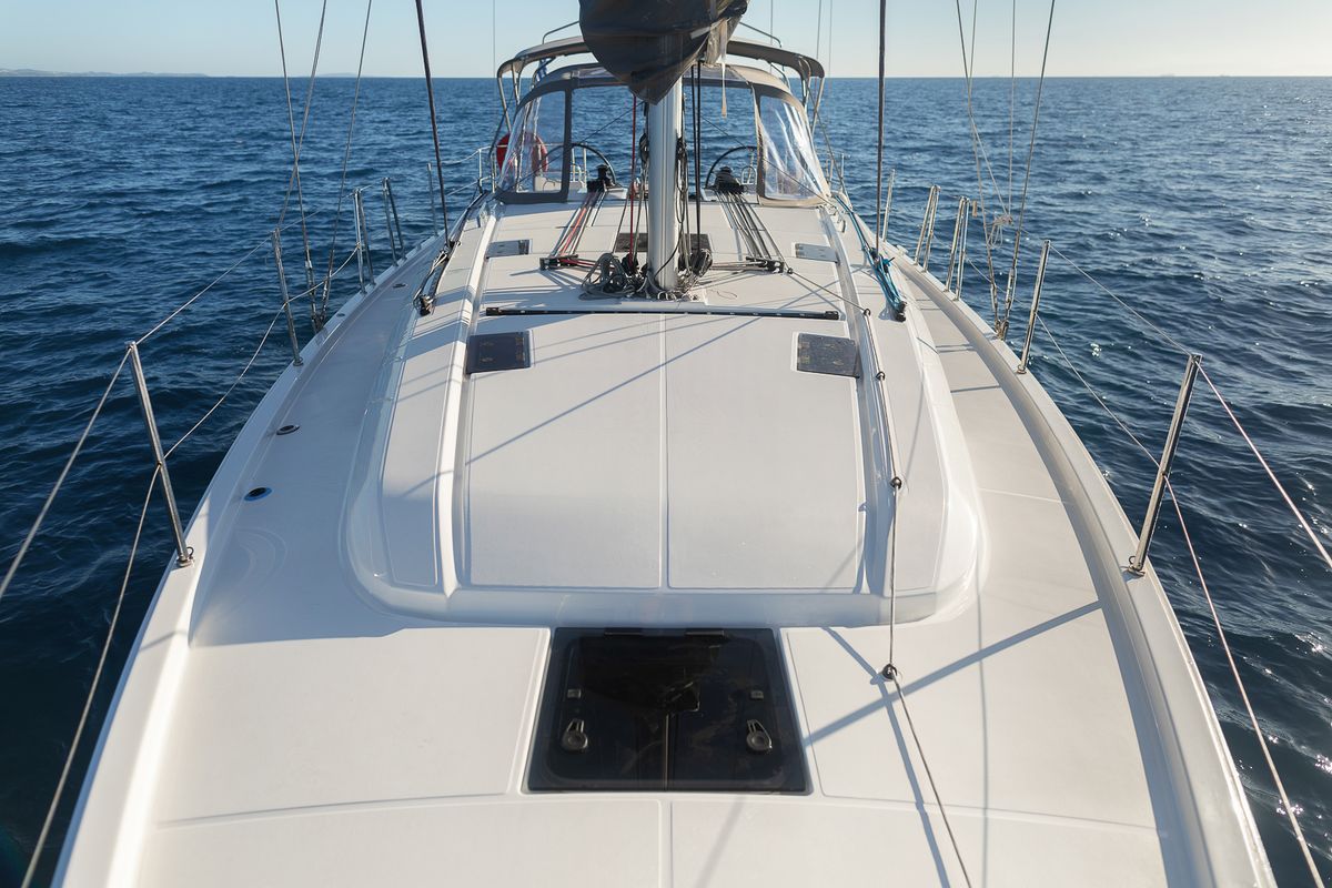Deck of Kos 40.7, a Beneteau Oceanis 40.1 sailboat at Municipal Unit of Lefkada, Greece