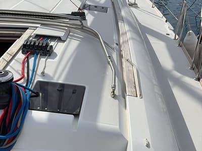 Deck of Kaos, a Jeanneau Sun Odyssey 509 sailboat at Olbia, Italy
