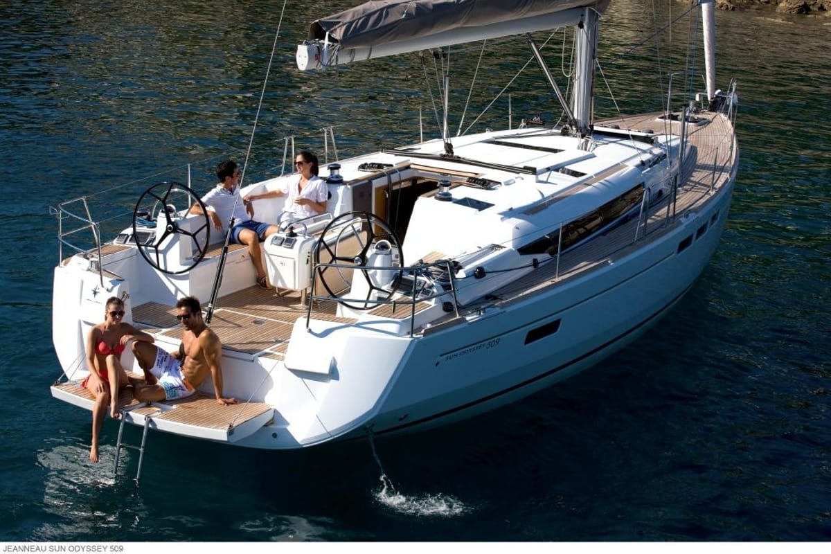 Exterior view of Kaos, a Jeanneau Sun Odyssey 509 sailboat at Olbia, Italy