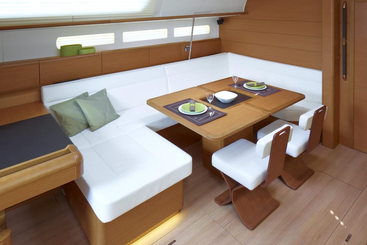 Salon of Kaos, a Jeanneau Sun Odyssey 509 sailboat at Olbia, Italy