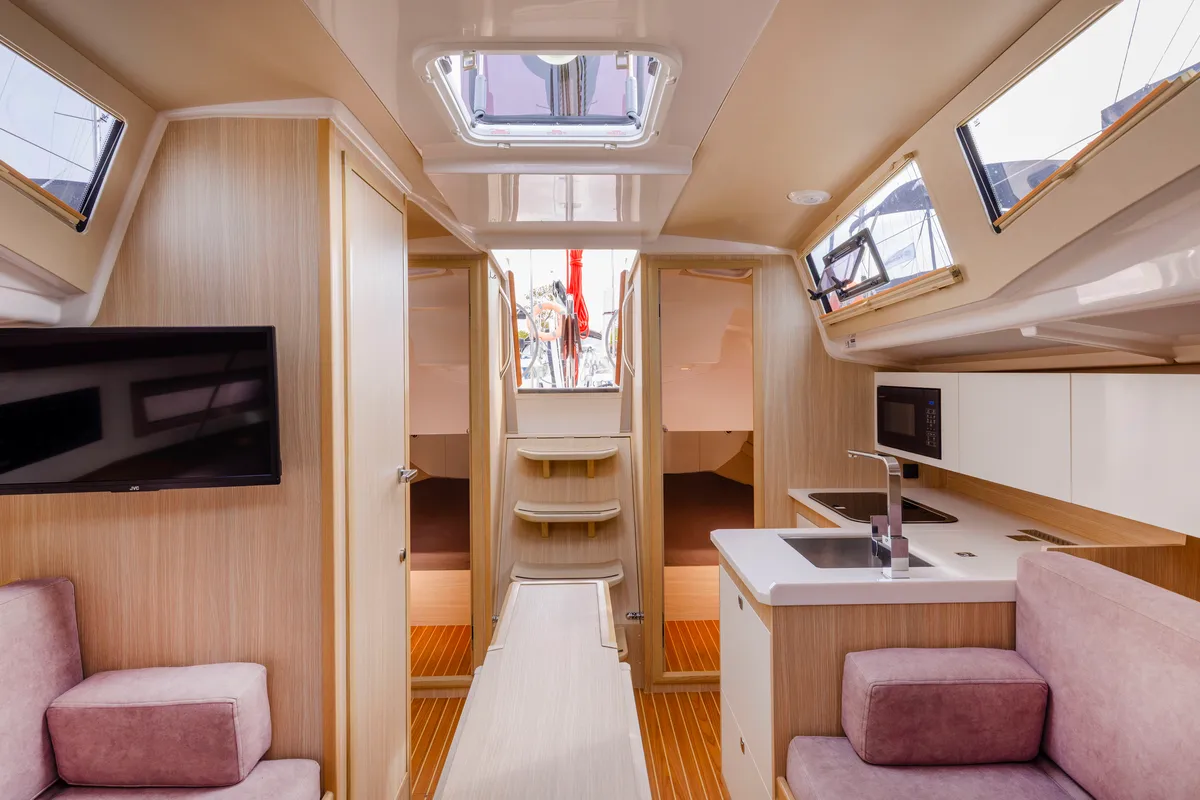 Salon of Szeroki Ostrow, a Northman Maxus 34 sailboat at Sztynort, Poland