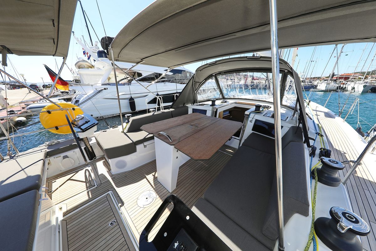 Cockpit of Kaos, a Dufour 44 sailboat at Grad Biograd na Moru, Croatia
