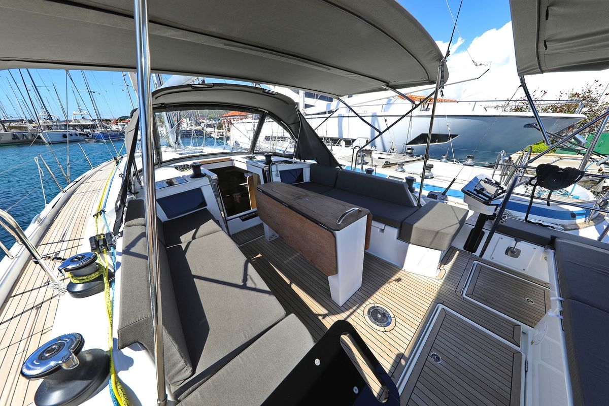 Deck of Kaos, a Dufour 44 sailboat at Grad Biograd na Moru, Croatia