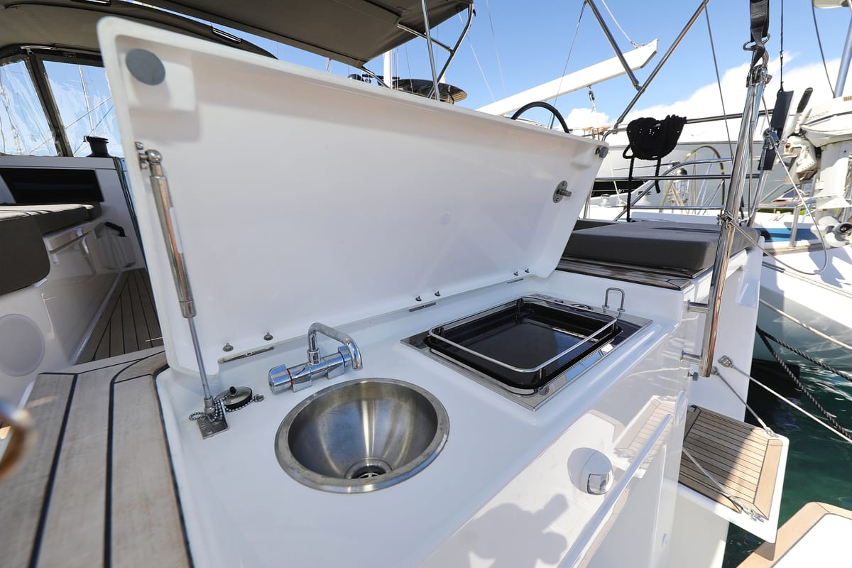 Exterior view of Kaos, a Dufour 44 sailboat at Grad Biograd na Moru, Croatia