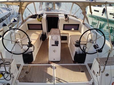 Cockpit of Erato, a Jeanneau Sun Odyssey 440 sailboat at Volos Municipality, Greece