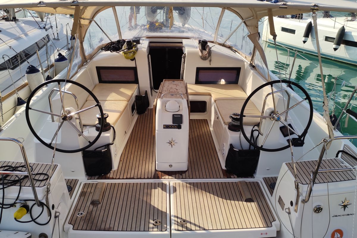 Cockpit of Erato, a Jeanneau Sun Odyssey 440 sailboat at Volos Municipality, Greece