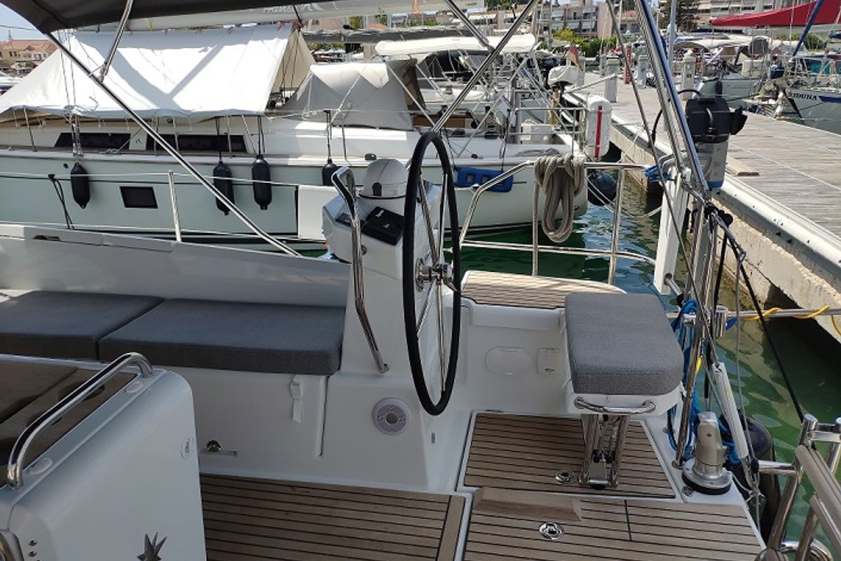 Cockpit of Sogno Di Mare, a Jeanneau 51 sailboat at Preveza, Greece