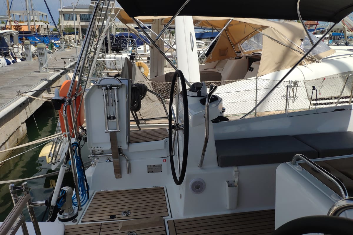 Cockpit of Sogno Di Mare, a Jeanneau 51 sailboat at Preveza, Greece
