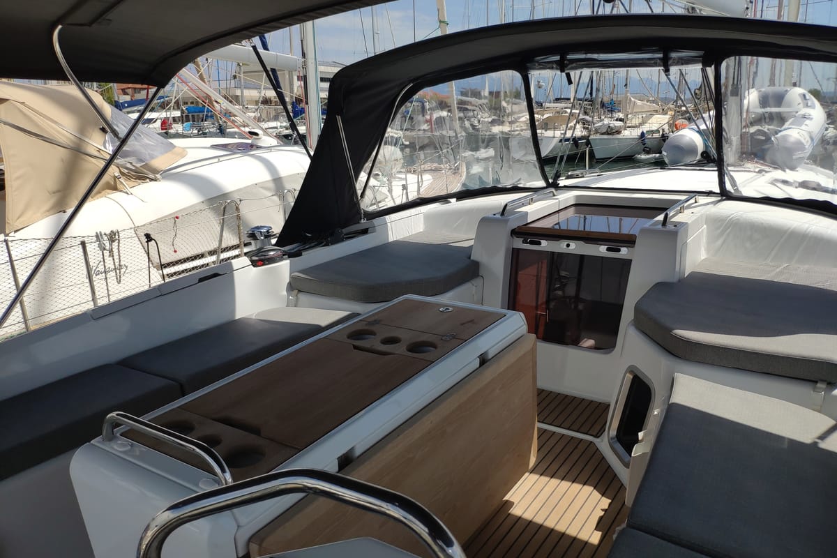 Deck of Sogno Di Mare, a Jeanneau 51 sailboat at Preveza, Greece